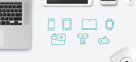 iconos de distintos dispositivos; móvil, tablet, oredenador, smartwatch, auriculares y consola
